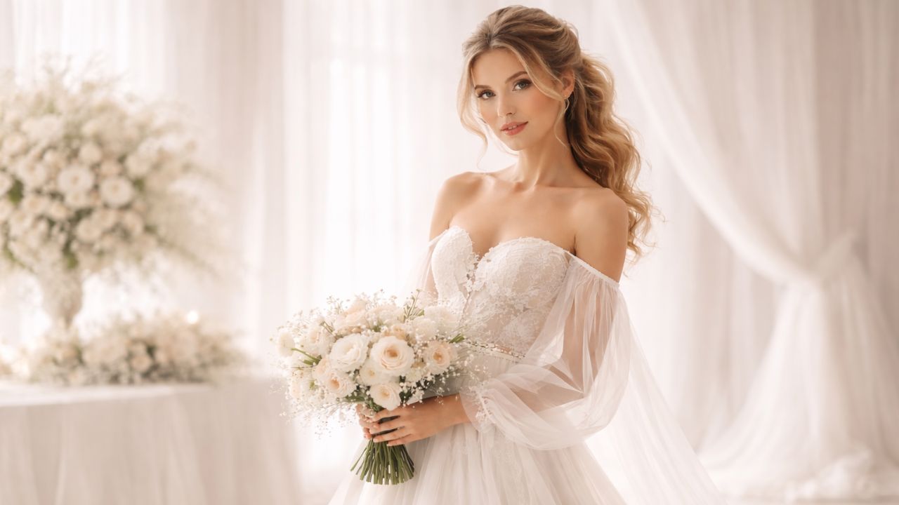 noiva com vestido na cor pantone 2026 e decoração na mesma cor, um branco gelo