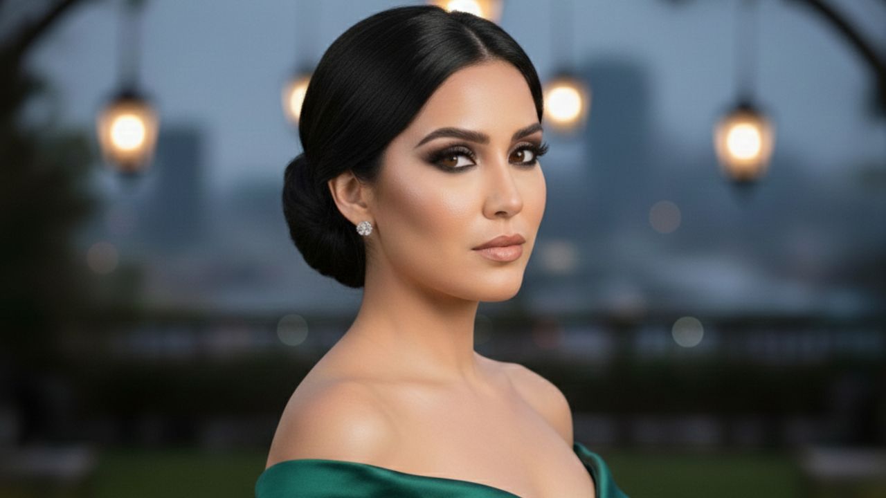 madrinha de casamento morena com penteado curto com coque