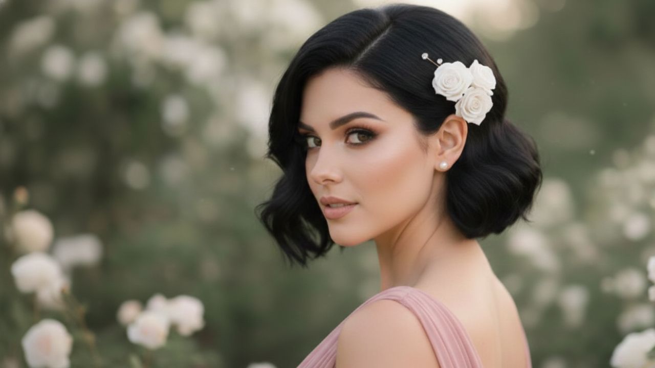 madrinha de casamento morena com penteado curtosolto com acessório de flor