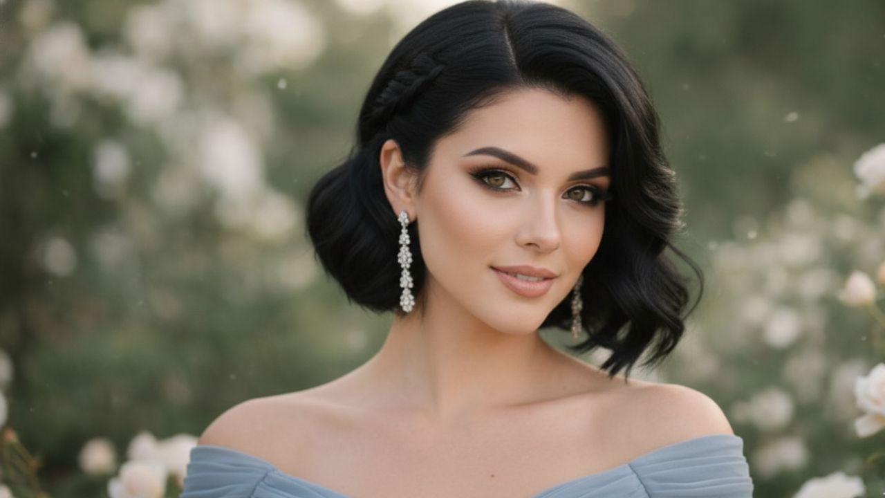 madrinha de casamento morena com penteado curto com trança embutida