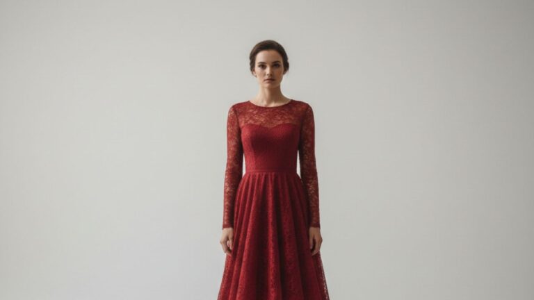 mulher com vestido de renda vermelho