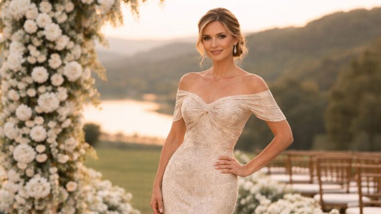 mãe do noivo com vestido jacquard ombro a ombro dourado em um ambiente de fazenda com flores