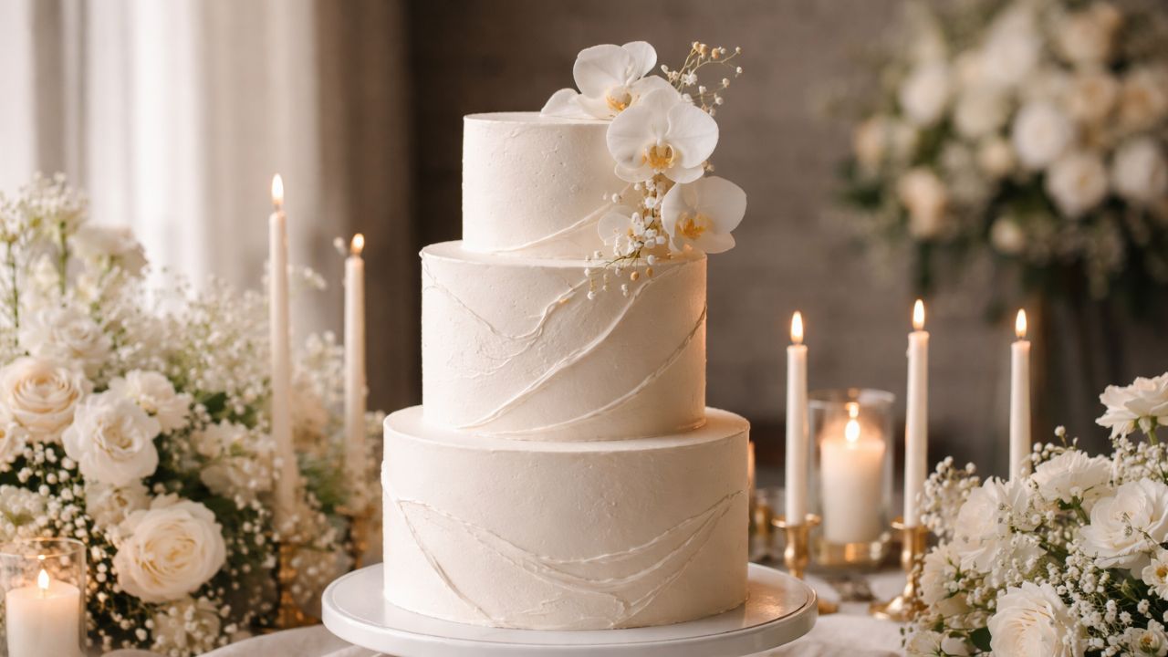 bolo de casamento branco de três andares com textura e flores, ao lado flores brancas e velas acesas