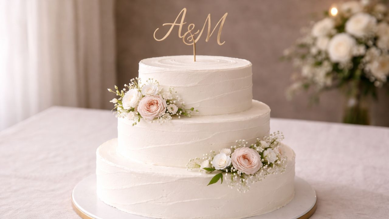 bolo de casamento de 3 andares branco com topo de iniciais a e m