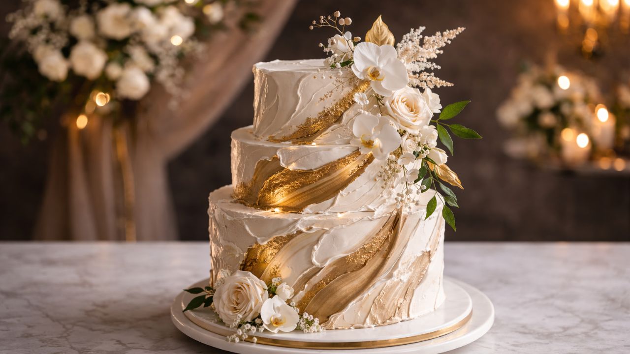 bolo de casamento branco e dourado de 3 andares com texturas e flores