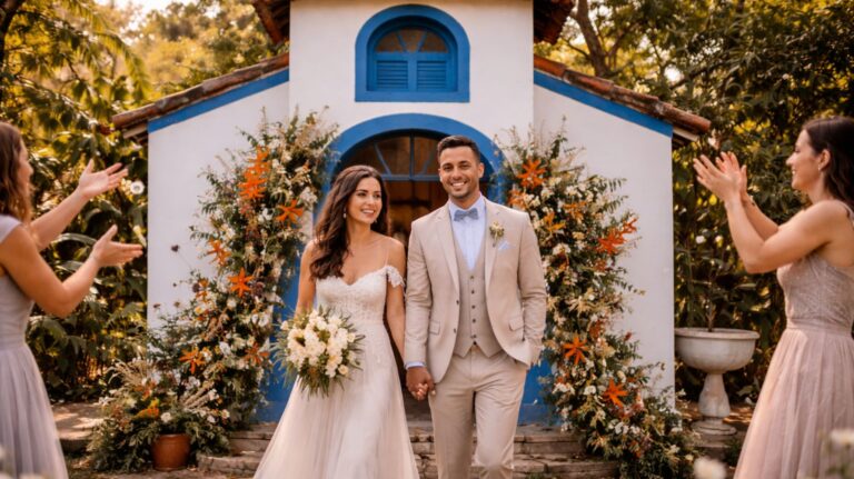 noivos saindo de uma capela branco a azul