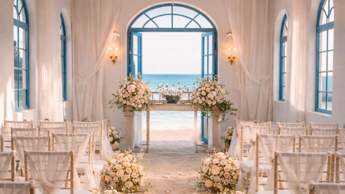 decoração com flores claras e tecidos brancos em capela de casamento