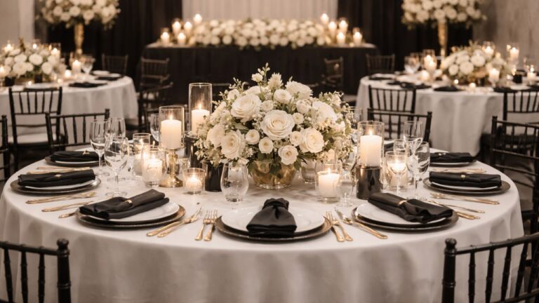 mesa posta com toalha branca e guardanapos pretos em um casamento preto e branco