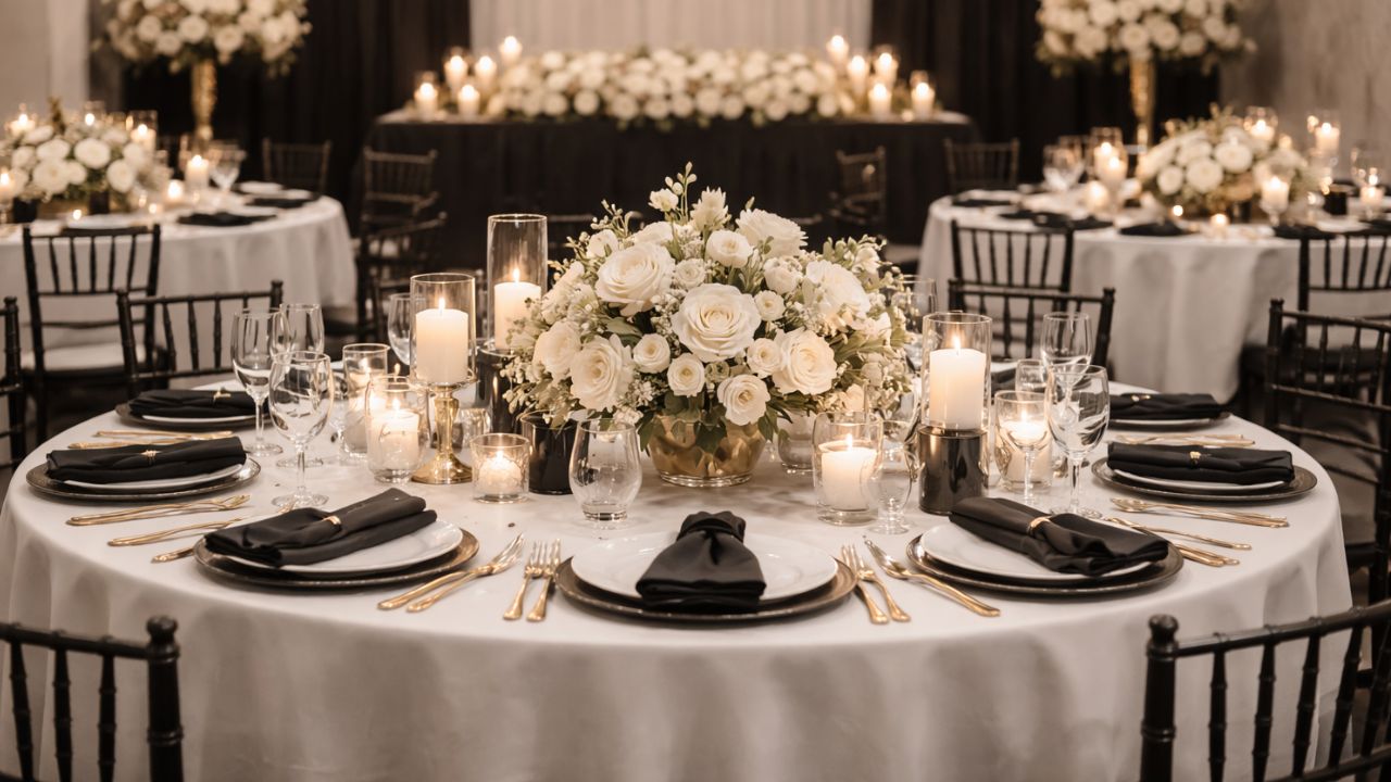 mesa posta com toalha branca e guardanapos pretos em um casamento preto e branco