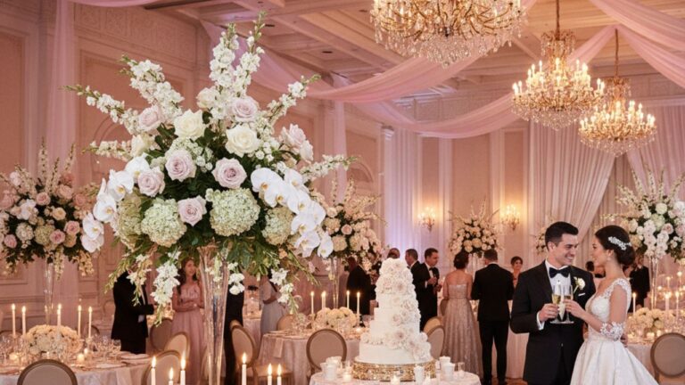 decoração de casamento rosa e branco com noivos, bolo e convidados