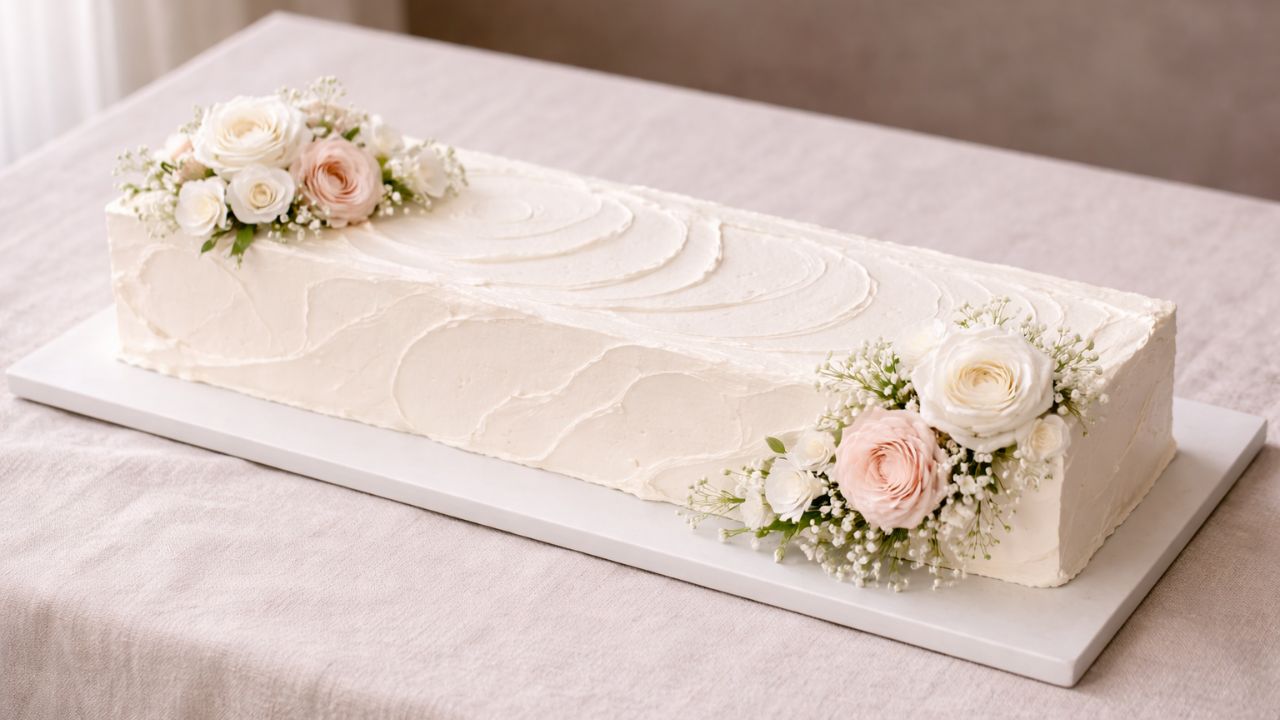 bolo retangular branco de casamento com flores nas pontas