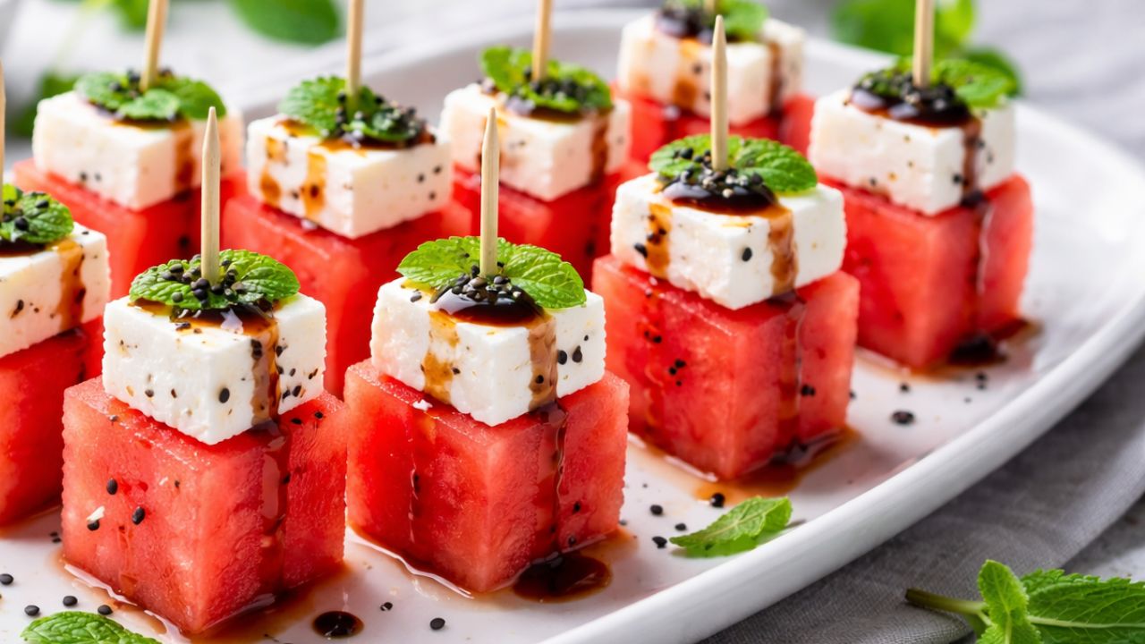 entradas de melancia com queijo feta