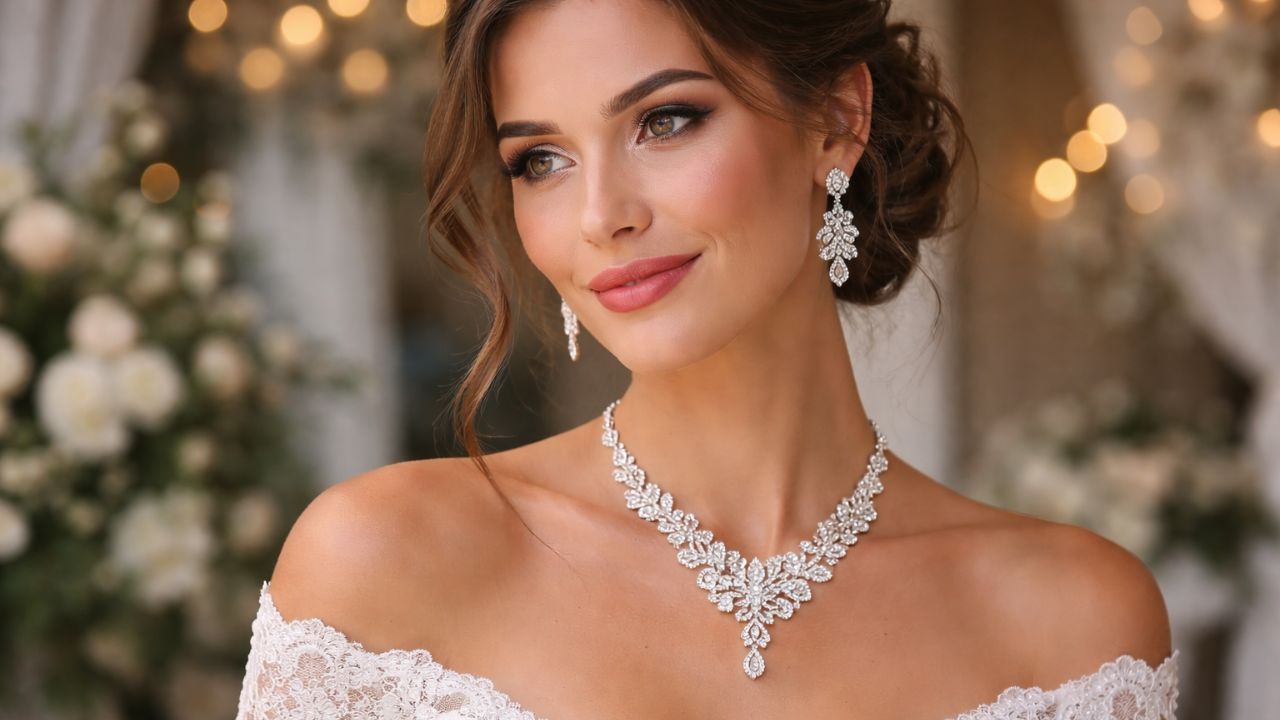 noiva com coque brincos e colares grandes e vestido tomara que caia