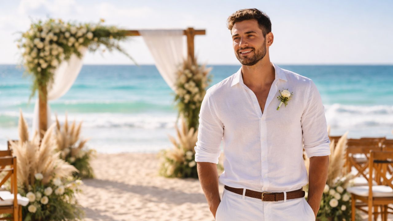 noivo de camisa e calça branca em um casamento na praia