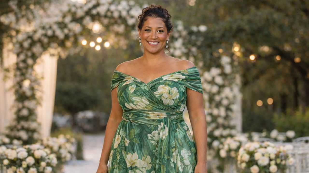 mãe de noiva com vestido de festa estampado verde