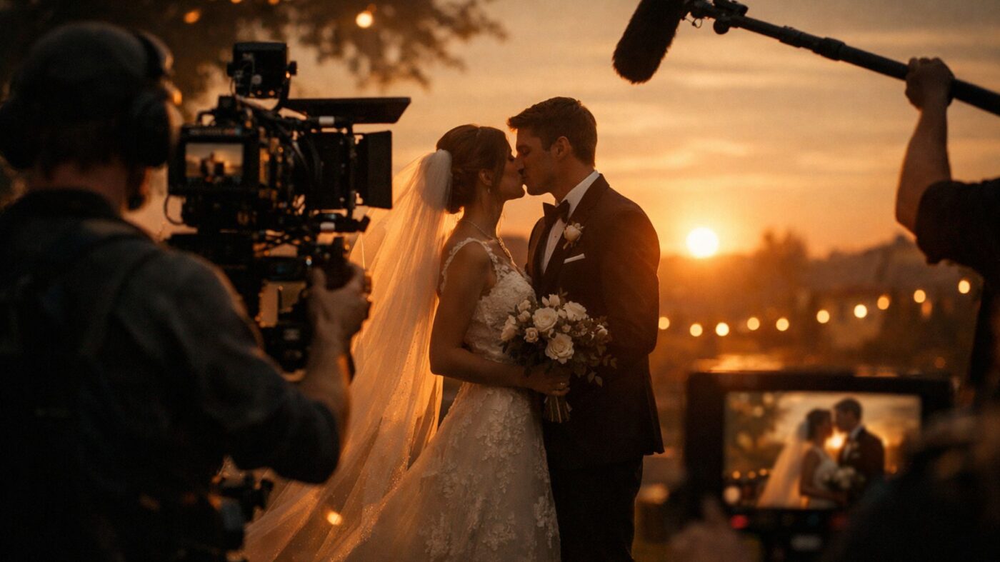 filmakers em primeiro plano e noivos se beijando durante por do sol