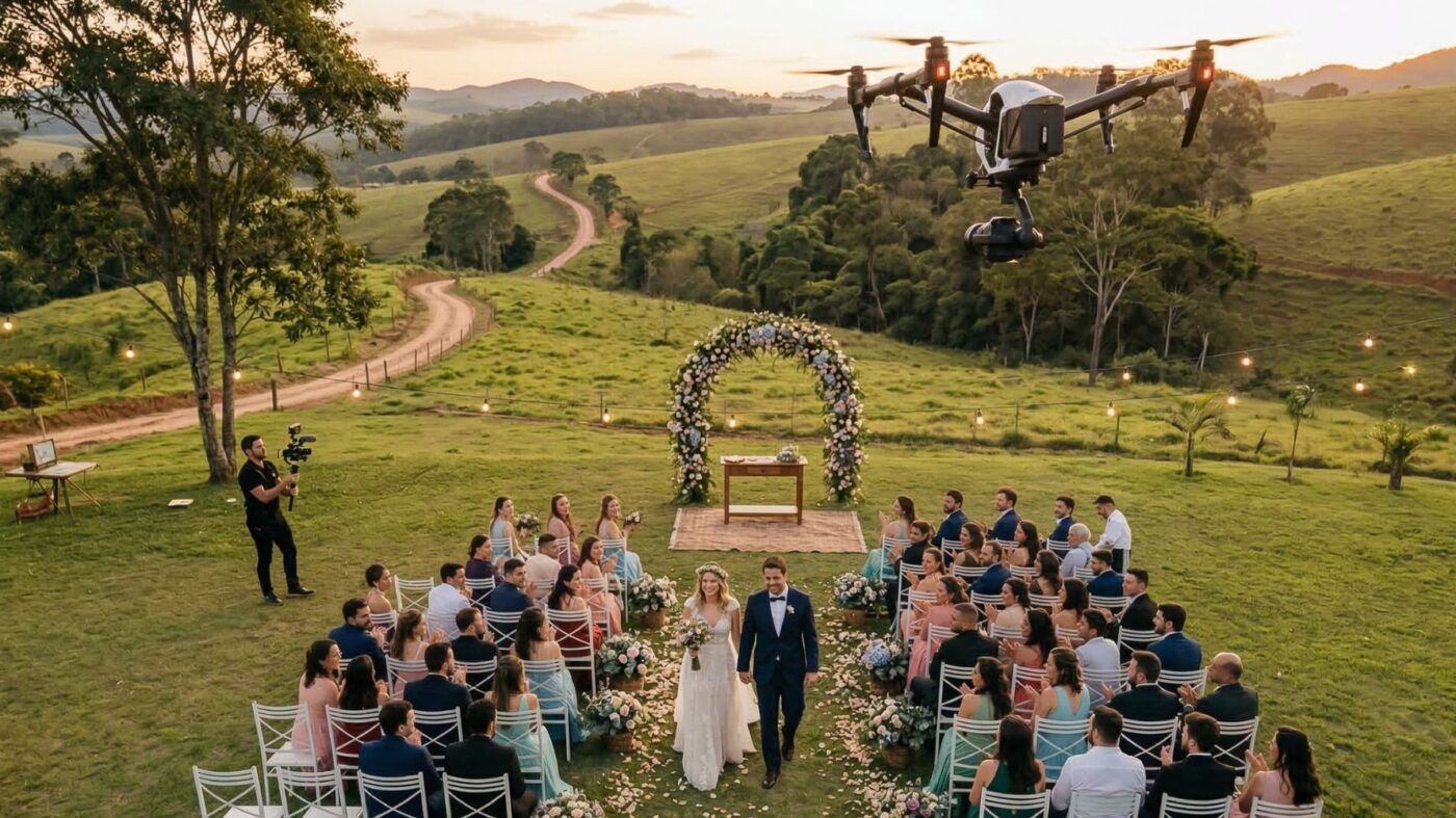 imagem aerea de casamento sendo filmado com drone