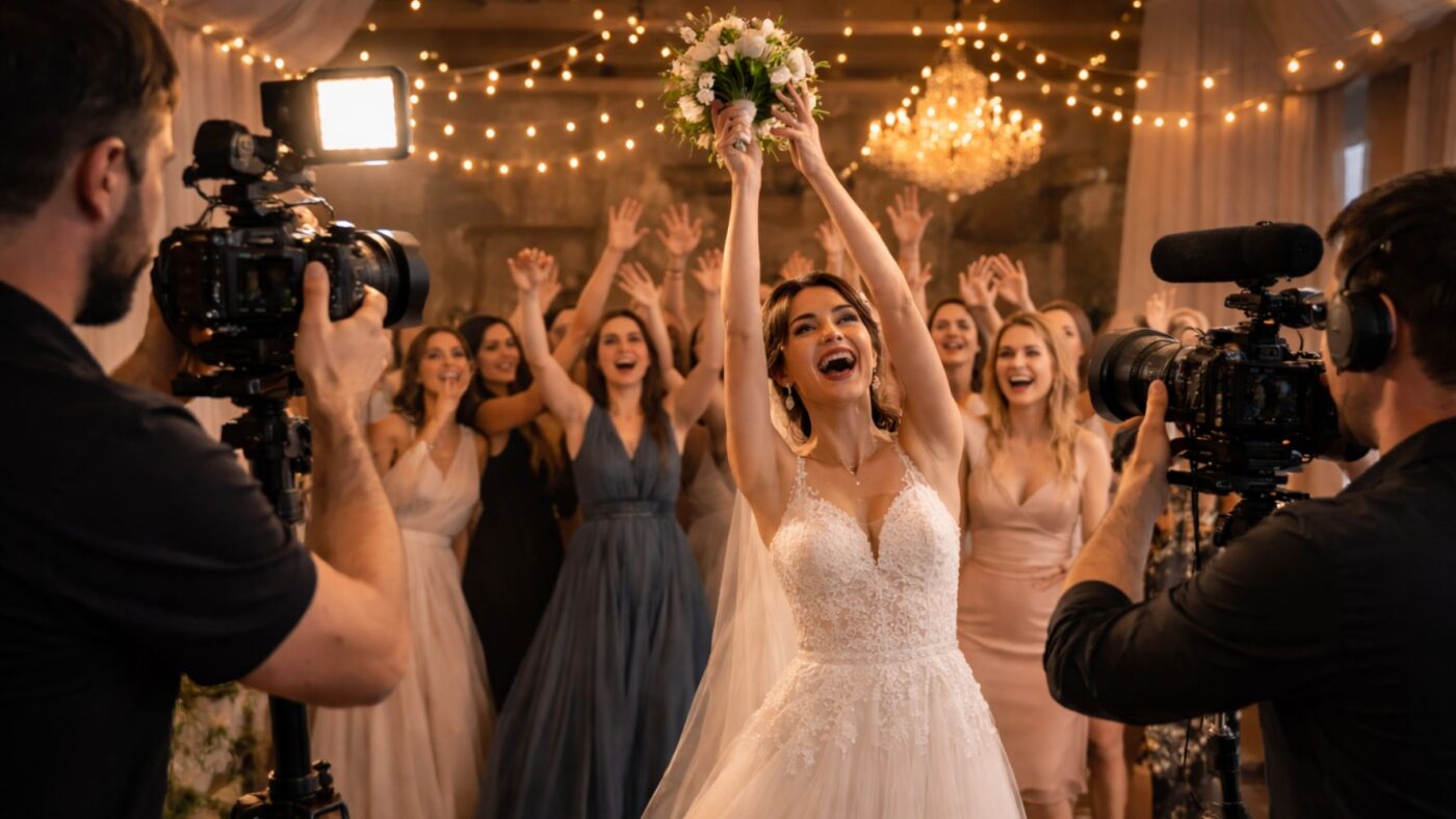noiva jogando buque sendo filmada por dois profissionais