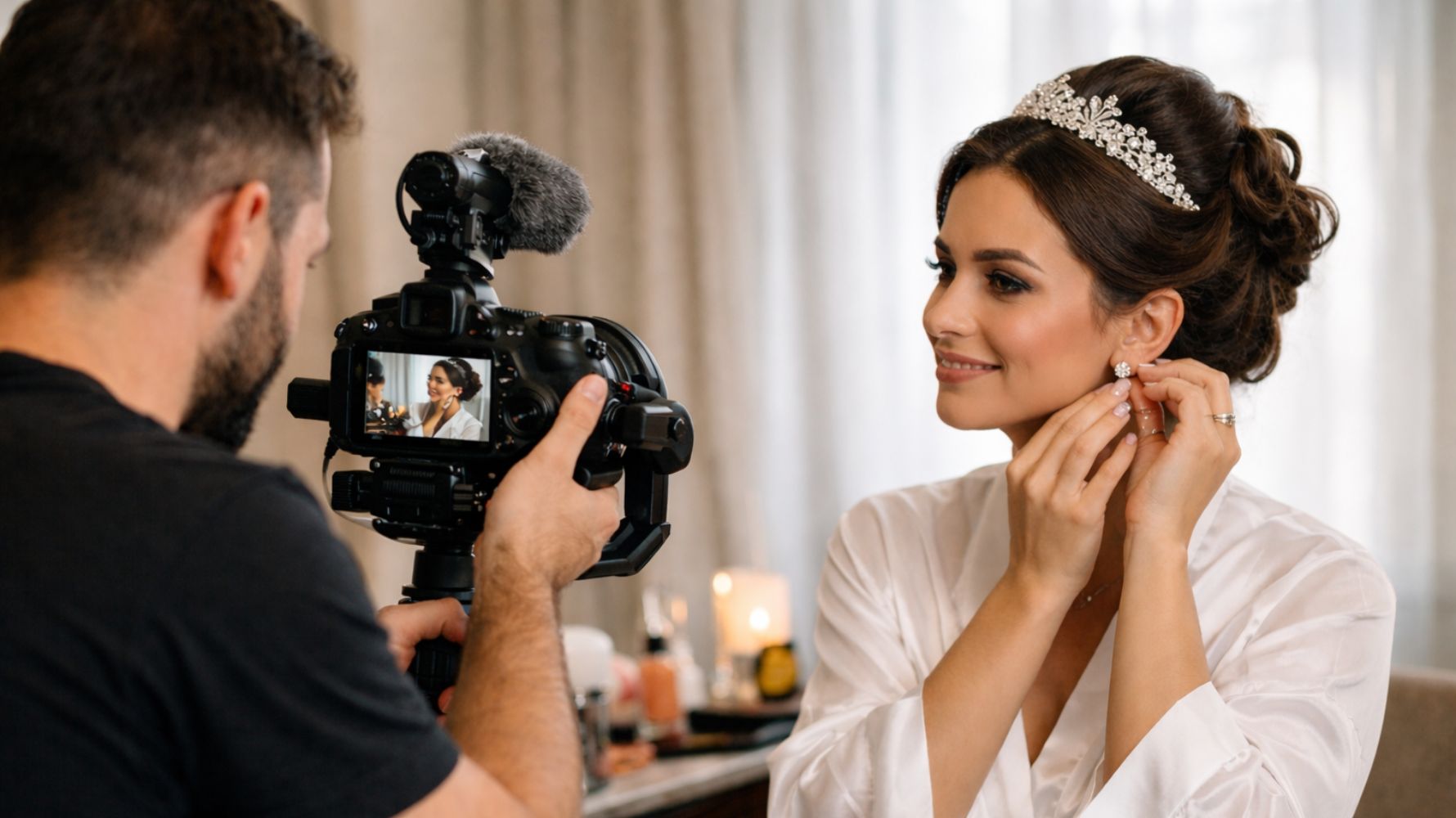 noiva colocando o brinco sendo filmada para vídeo de same day edit