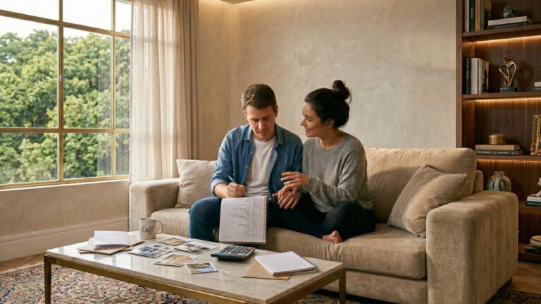 casal sentado no sofá analisando a lista de casamento