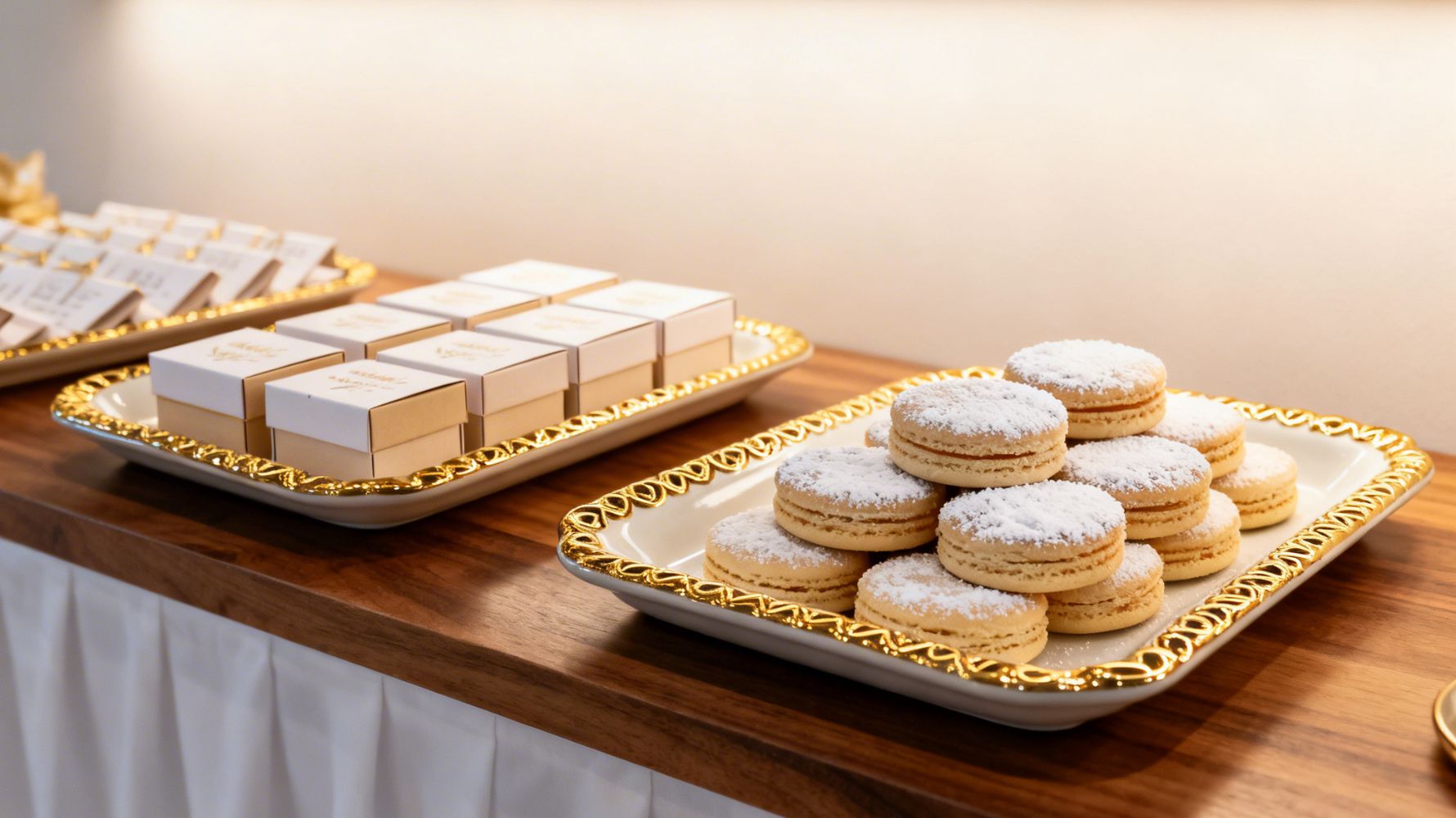bandeijas com bem-casado e alfajor de lembrancinha de casamento