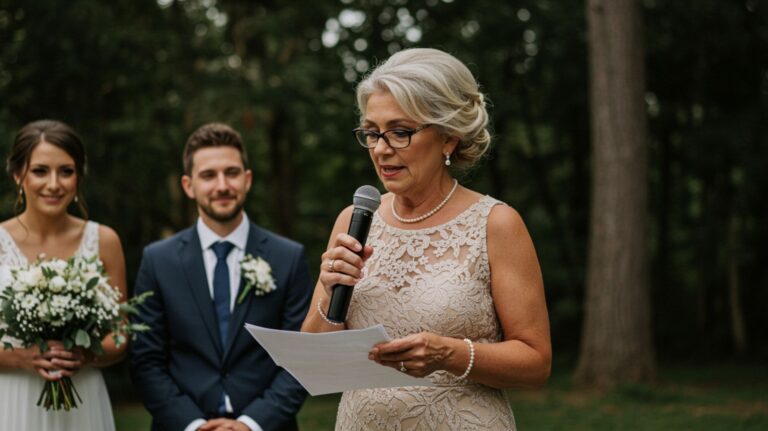 mãe de noiva fazendo discurso de casamento e noivos atrás