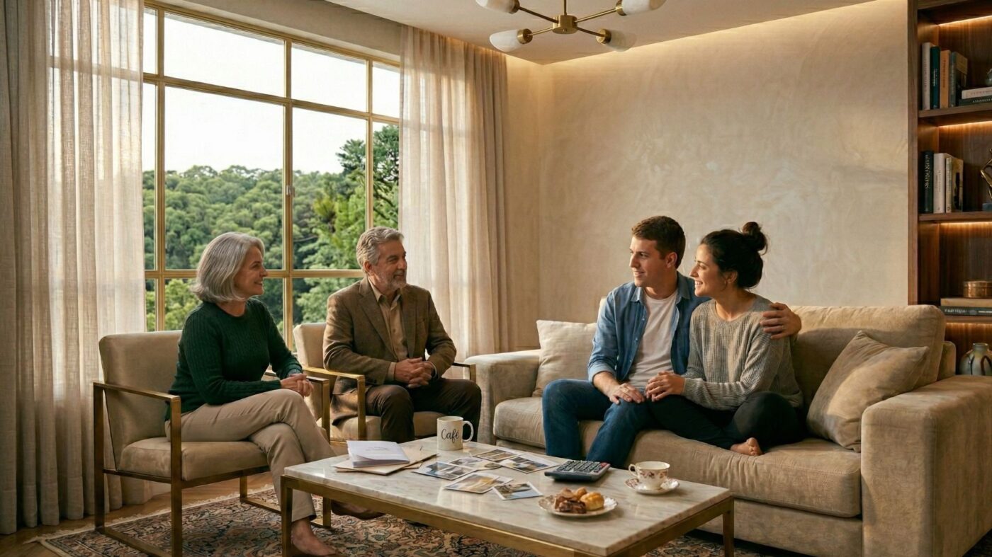 noivos sentados no sofá conversando com pais sobre a lista de casamento