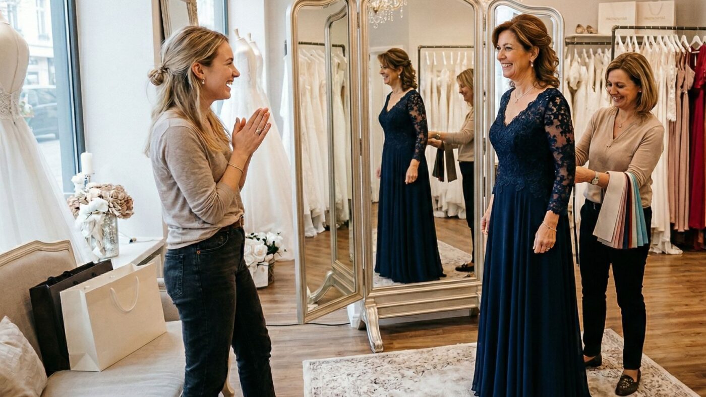mãe de noiva provando vestido em loja acompanhada da noiva