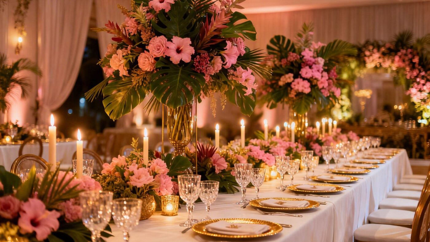 salão de casamento com mesa loja para convidadas com flores rosas
