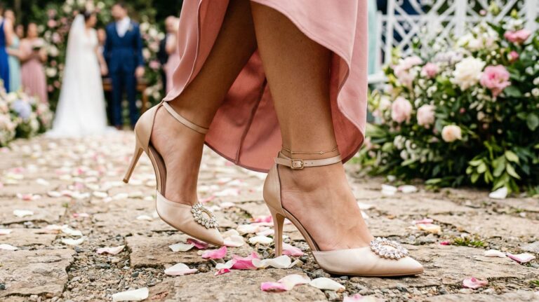 pé de madrinha de casamento com scarpin nude