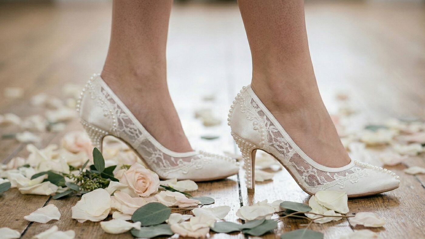 pés de noiva com scarping branco com renda pisando em flores brancas