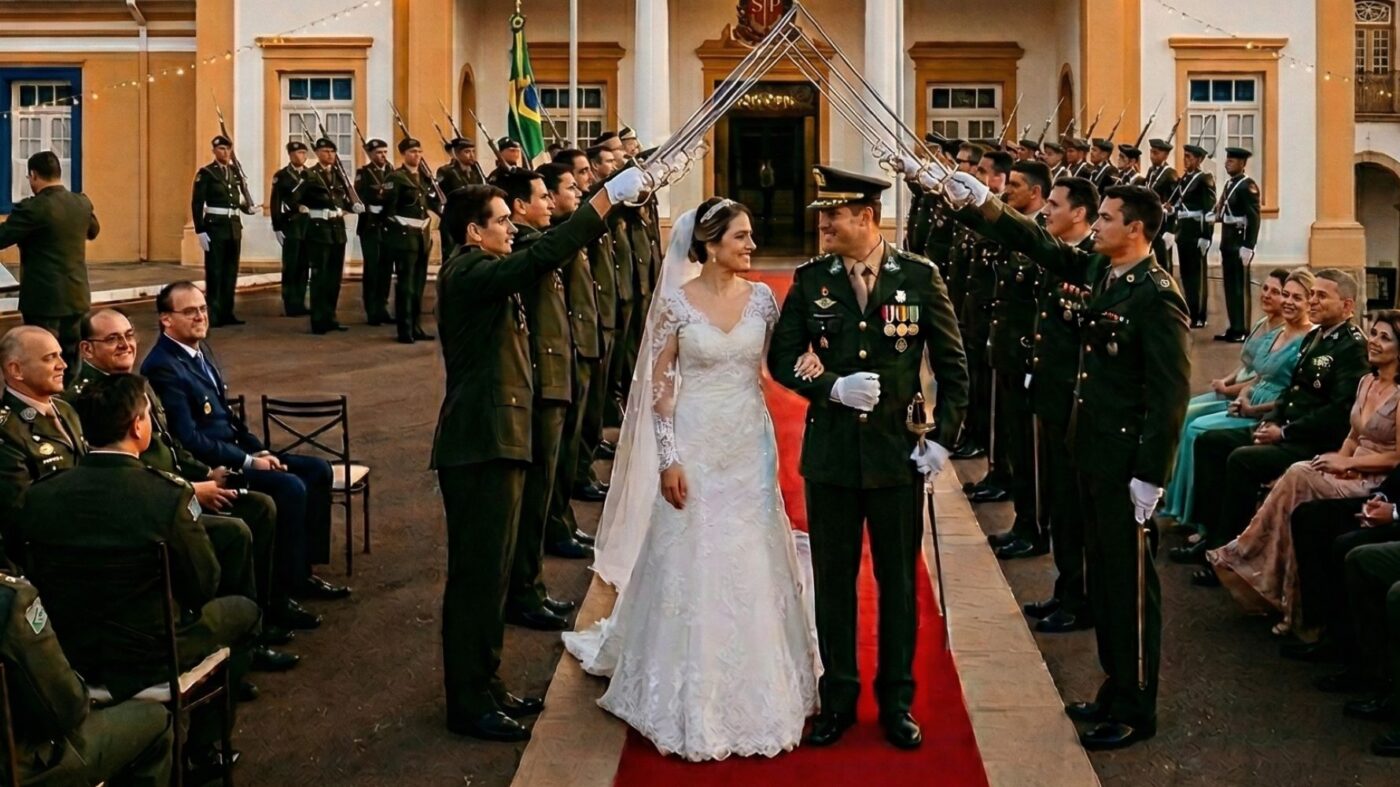 noivos em túnel de espadas, tradição em casamento militar