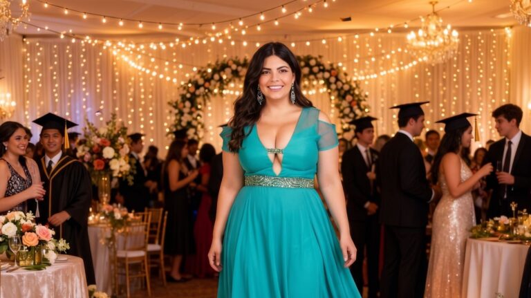 mulher com uma das opções de vestidos plus size para formatura da arthur caliman
