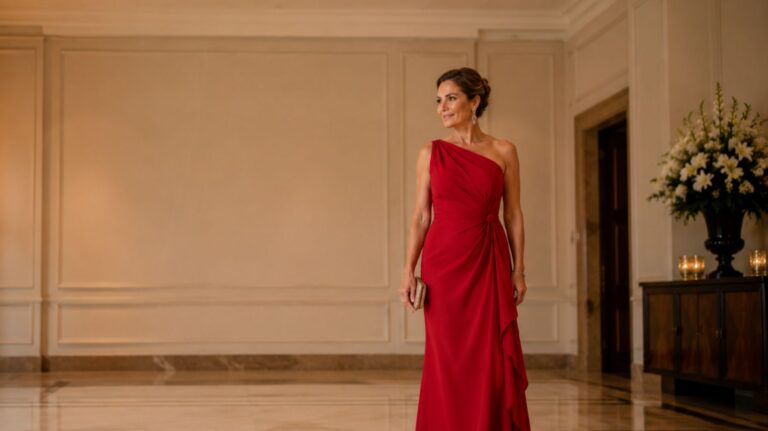 mãe do noivo com vestido blacktie vermelho olhando para o lado e segurando uma clutch