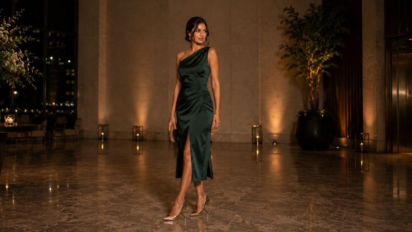 mulher com vestido verde midi e scarpin dourado