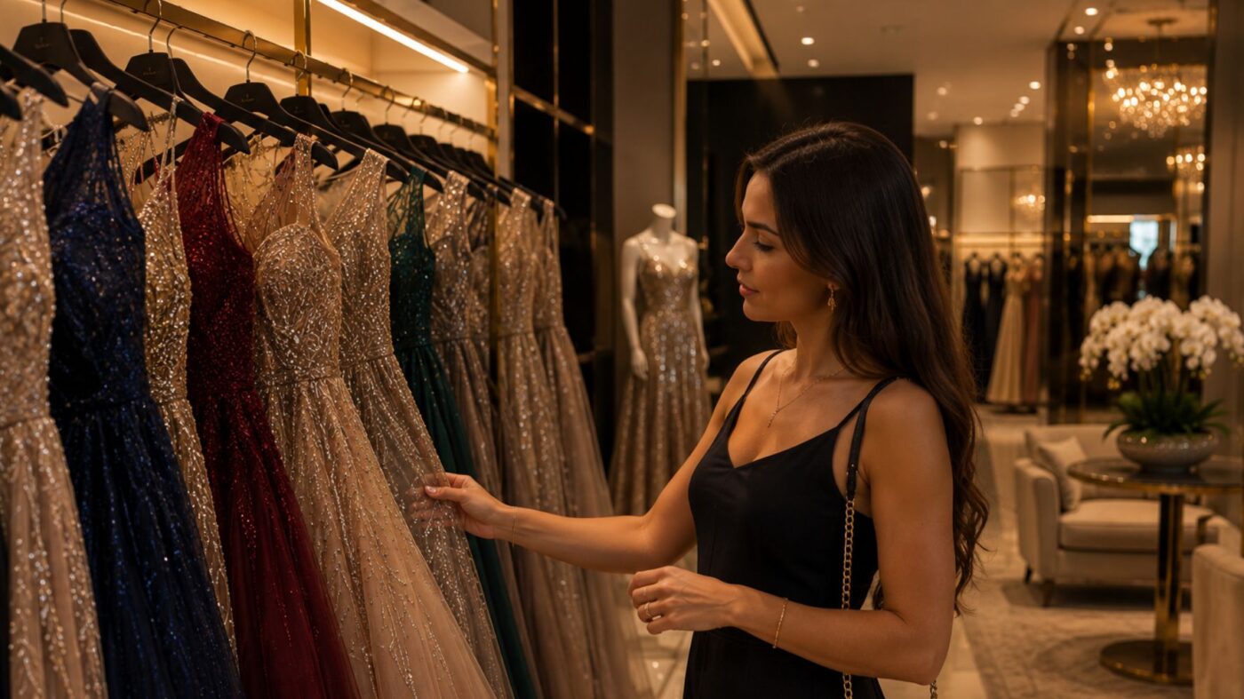 mulher olhando vestidos participando da ação troca do bem