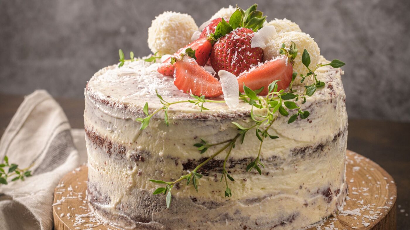 bolo naked cake com morangos no topo