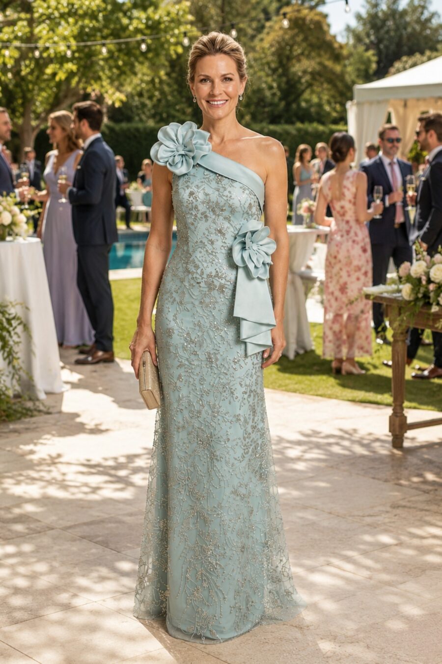 Vestido de festa longo na cor azul claro, modelo Mikaelly com flor feita a mão no ombro, confeccionado em tule todo bordadso a mão. Vestido ideal para jovens mães dos noivos e convidadas de casamento