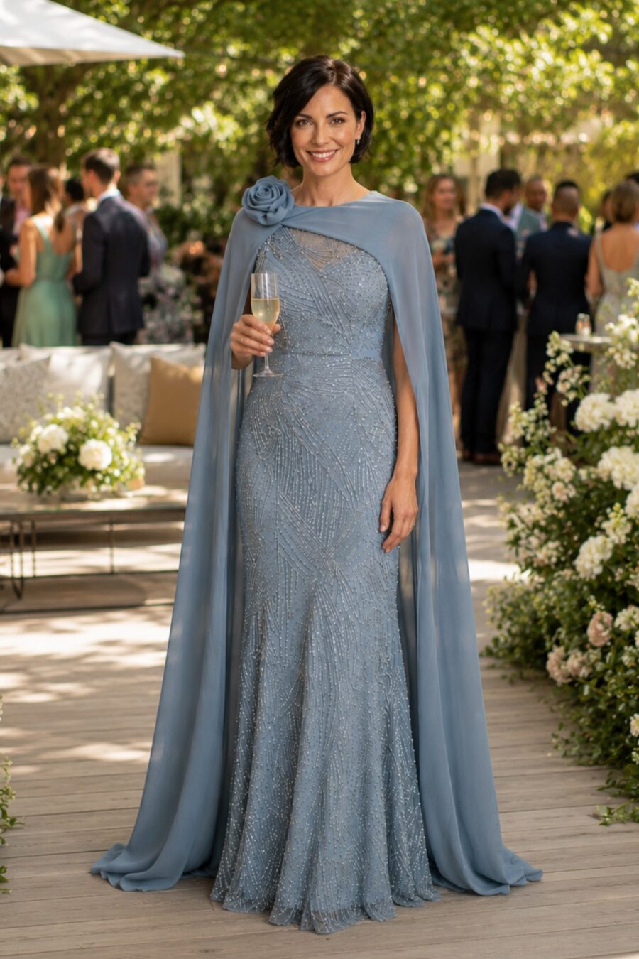 Vestido de festa longo na cor azul claro, modelo bordado a mão Barbara, perfeito para mãe da noiva ou mãe do noivo jovem.