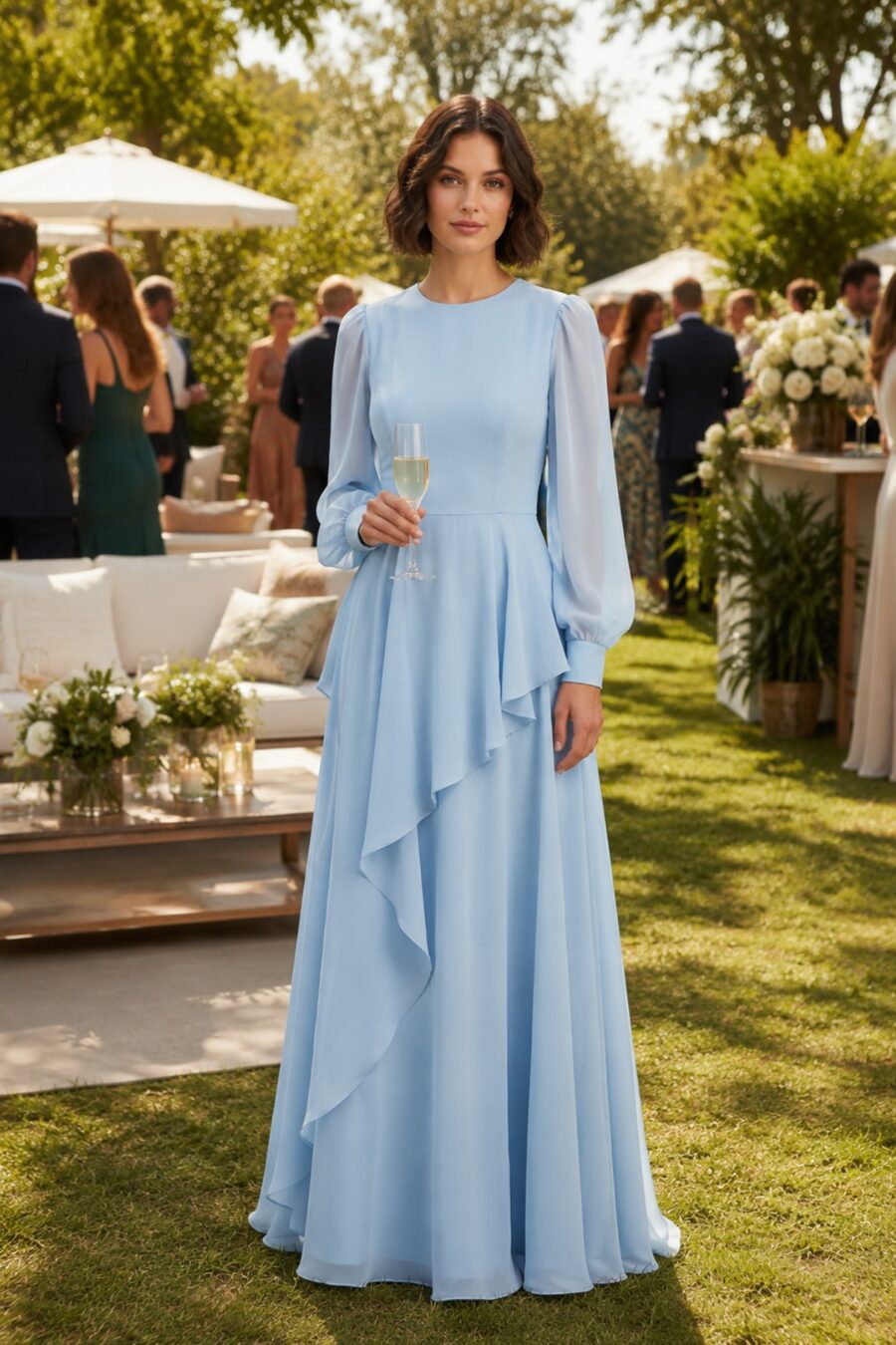 Vestido de festa azul manga longa Shantal em tecido esvoaçante.