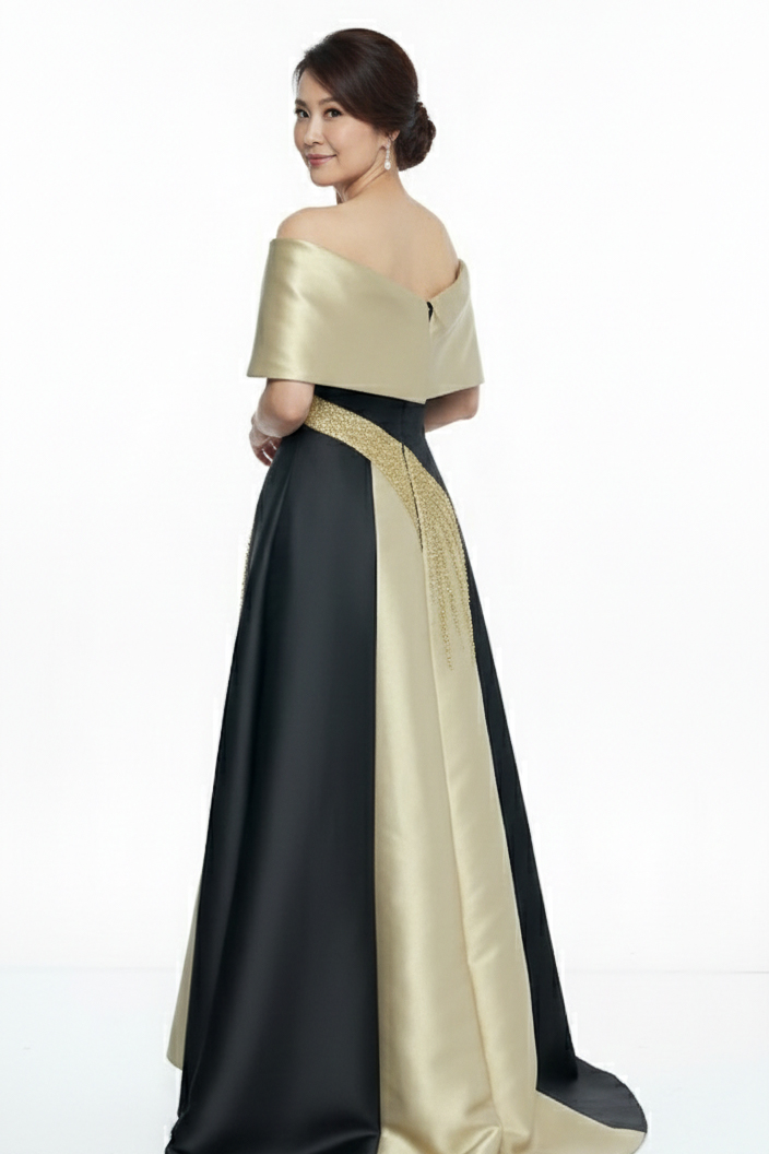 Costas do vestido de festa bicolor preto e dourado Margot