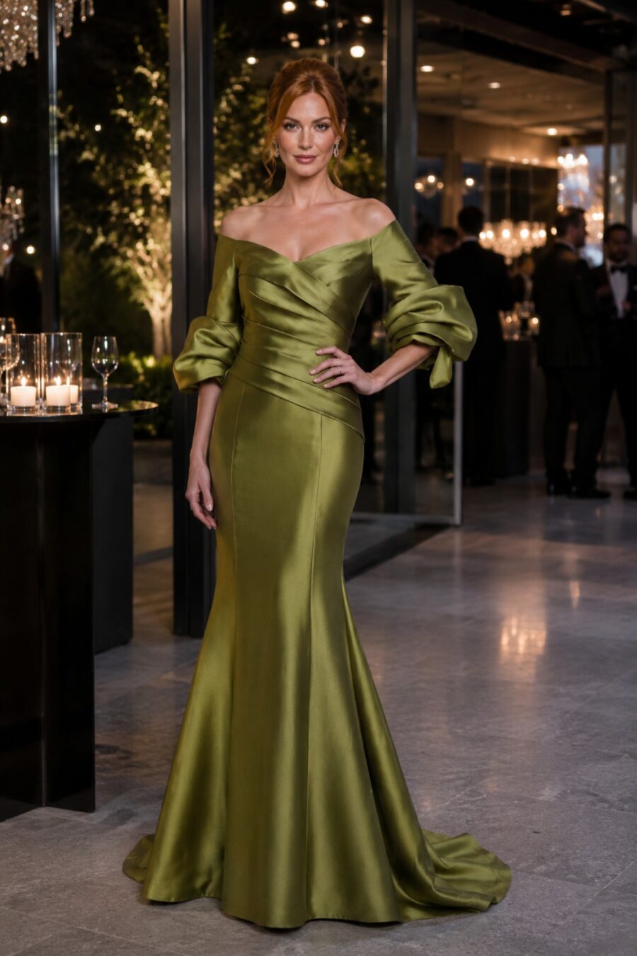 Vestido de festa longo, na cor verde, modelo com mangas Lily Marques, perfeito para madrinhas, mães dos noivos jovens e convidadas de casamentos.