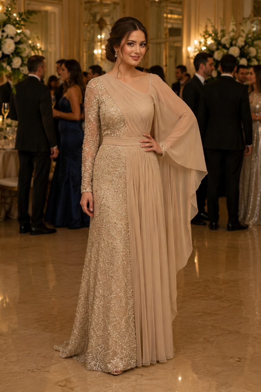 Vestido de festa longo bordado, na cor bege, moelo rainha Juliet
