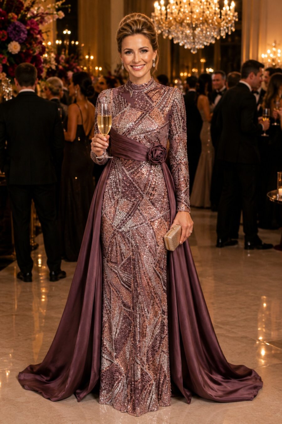 Vestido de festa manga longa todo bordado, modelo rainha Sheikha Moza Nasser.