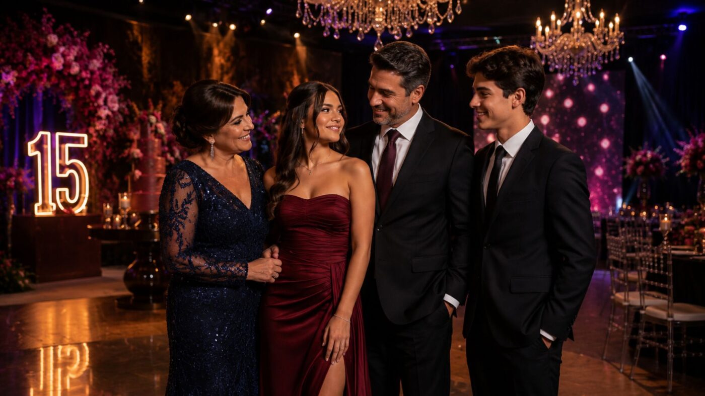 debutante e sua família durante festa de 15 anos