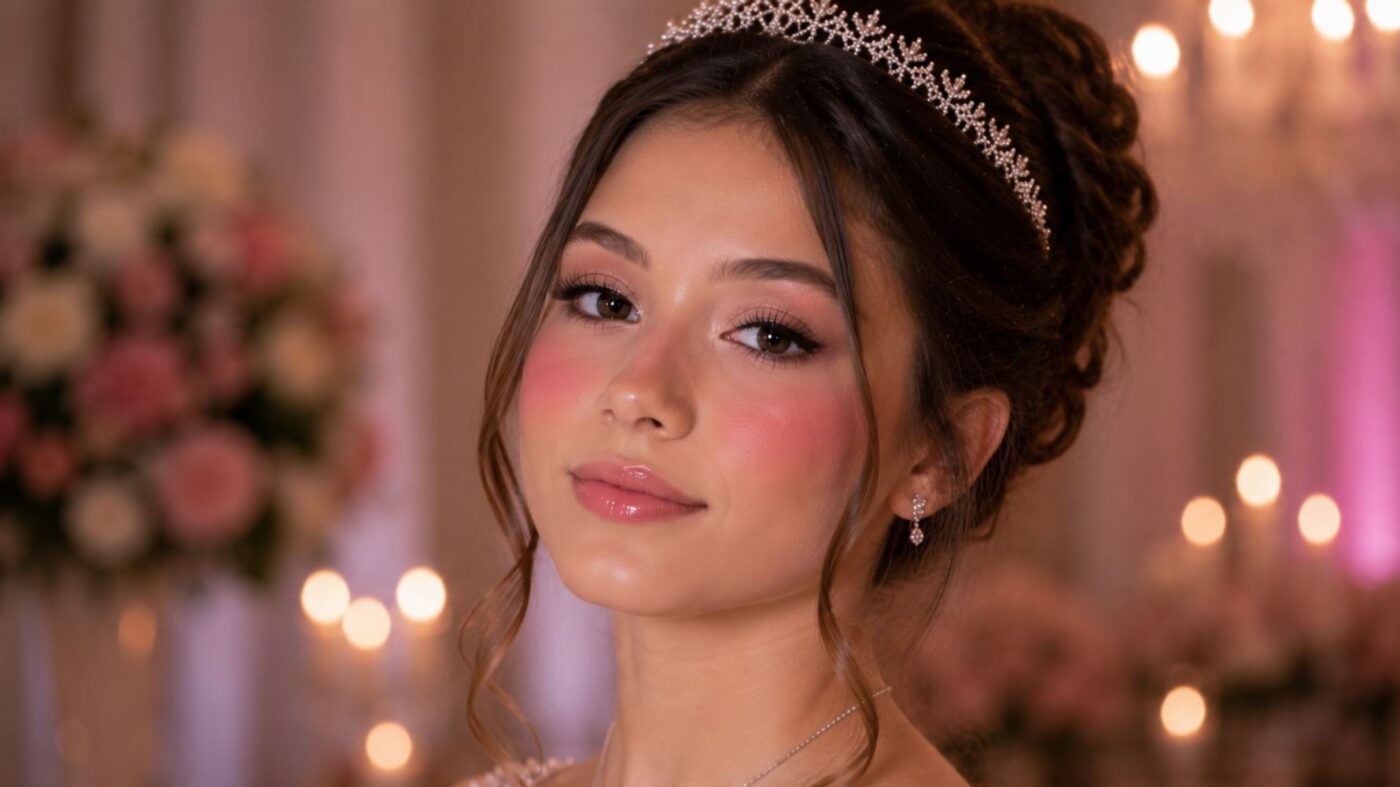 debutante com maquiagem com blush rosado
