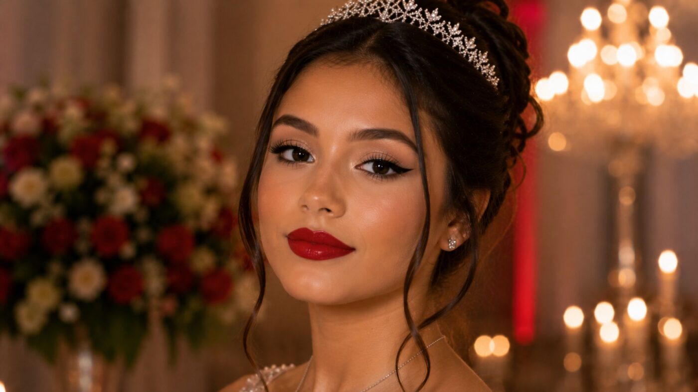 maquiagem de debutante com delineado marcado e boca vermelha