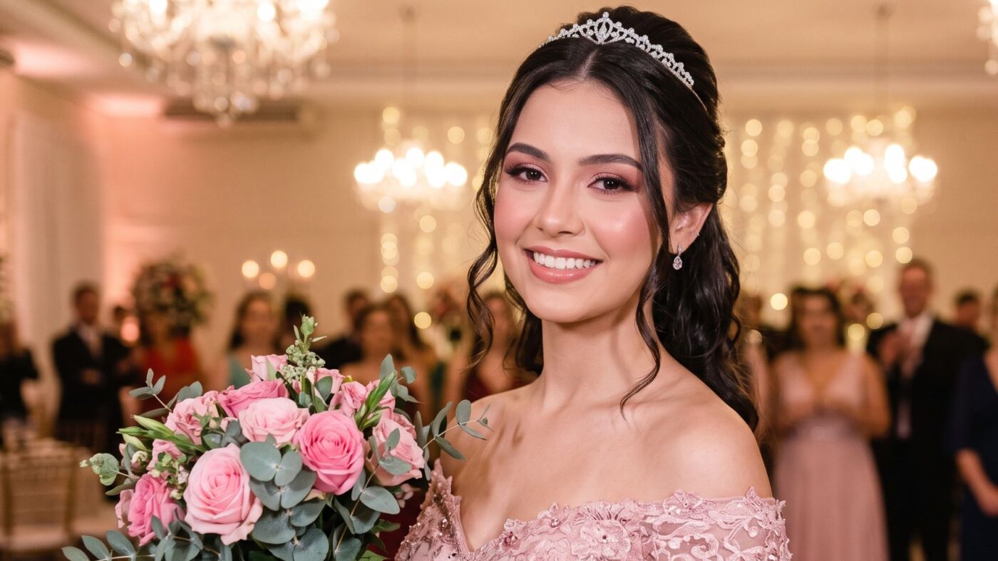 debutante com maquiagem monocromática em tons rosados