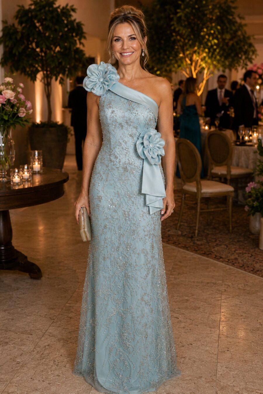 Vestido de festa longo na cor azul claro, modelo Mikaelly com flor feita a mão no ombro, confeccionado em tule todo bordadso a mão. Vestido ideal para jovens mães dos noivos e convidadas de casamento