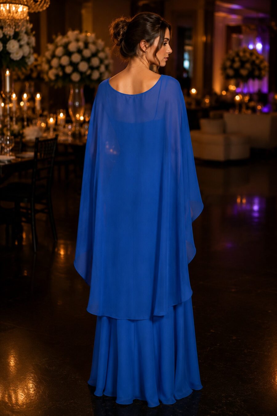 Costas do vestido festa na cor azul Mikonos